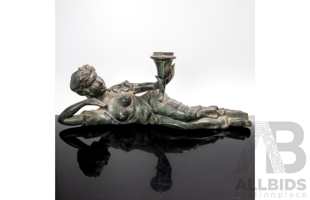 Contemporary Hollow Bronze Reclining Female Figure with Torchier
