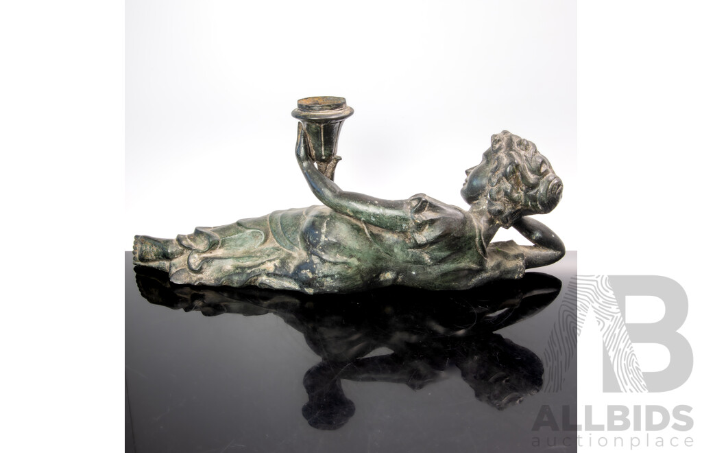Contemporary Hollow Bronze Reclining Female Figure with Torchier