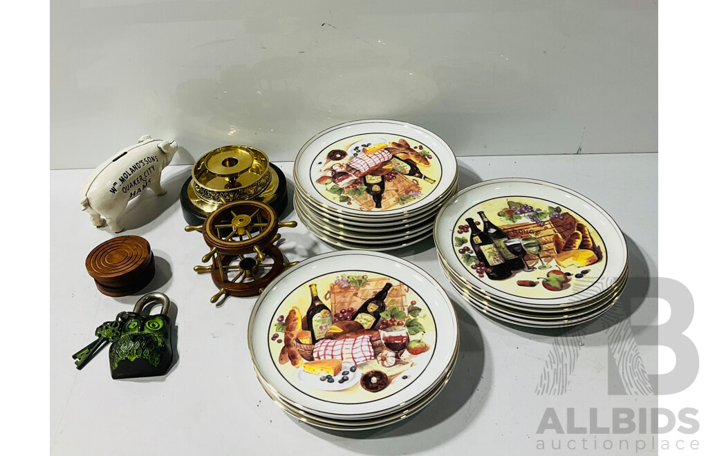 Collection of Decorative Homeware Including Several Painted Decorative Plates, Painted Cast Iron Pig Shaped Money Box and More