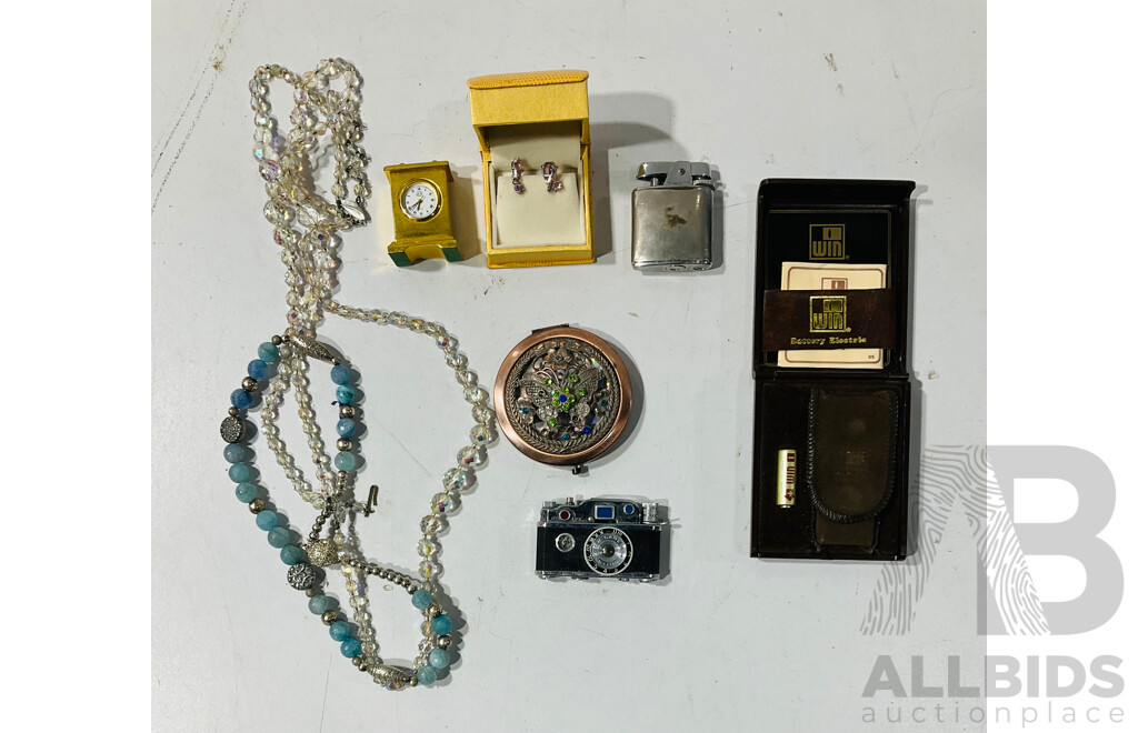 Collection of Costume Jewellery and Lighters Including Camera Shaped Novelty Lighter and More