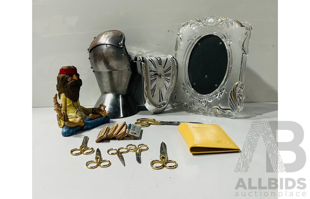Collection of Interesting and Unique Homeware Including Dali-esque Clock, Replica Gauntlet, Several Fabric Scissors and More