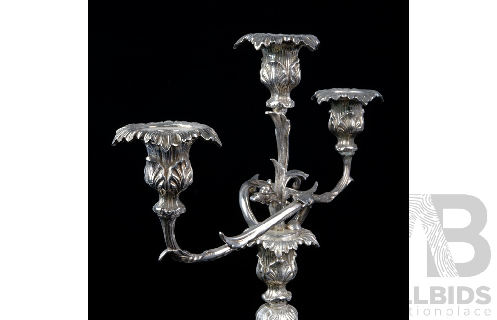 Ornate Cast Metal Two Branch Candelabra with Foliate Theme