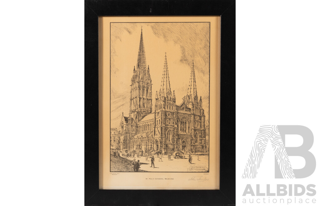 John (Alexander Thomas) Shirlow, (20th Century, Australian, 1869-1936), St. Paul's Cathedral, Melbourne, Signed Antique Reproduction Print of Original Ink From c1920, 49 x 36 cm (frame)