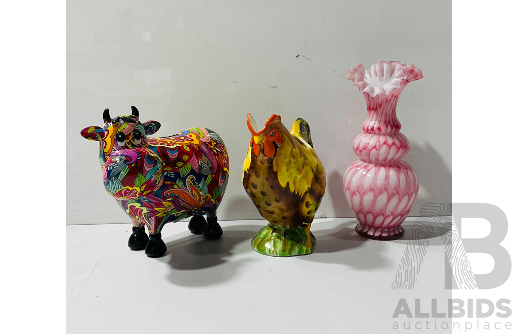 Collection of Interesting Homeware Including Novelty Money Box, Painted Ceramic Jug and Art Glass Vase