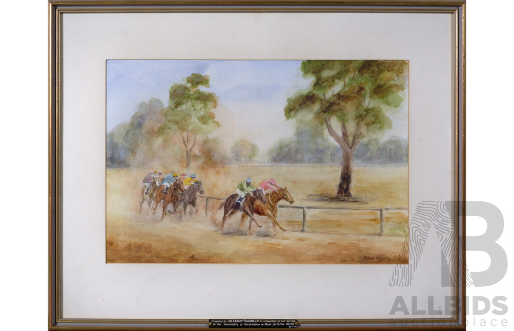 Richard Molesworth, (Australian, Working c1980s), Bush Races, Watercolour on Card, 54.5 x 70 cm (frame)