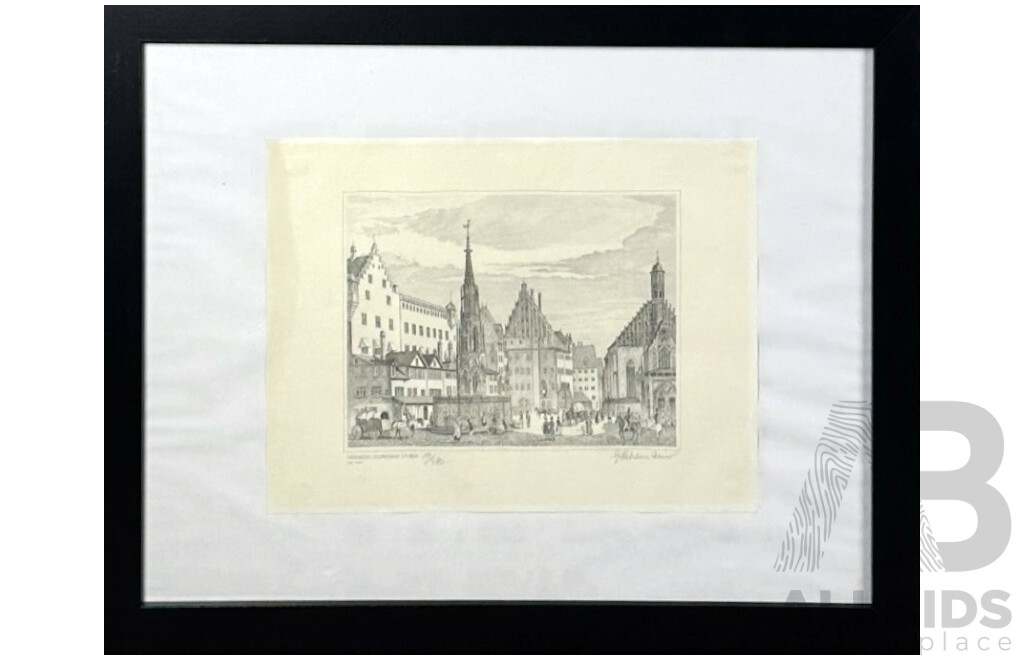 Artist Unknown, Nuremberg, Hauptmarkt  Um 1840, Limited Edition Offset Print of Original Engraving, 52 x 67 cm (frame)