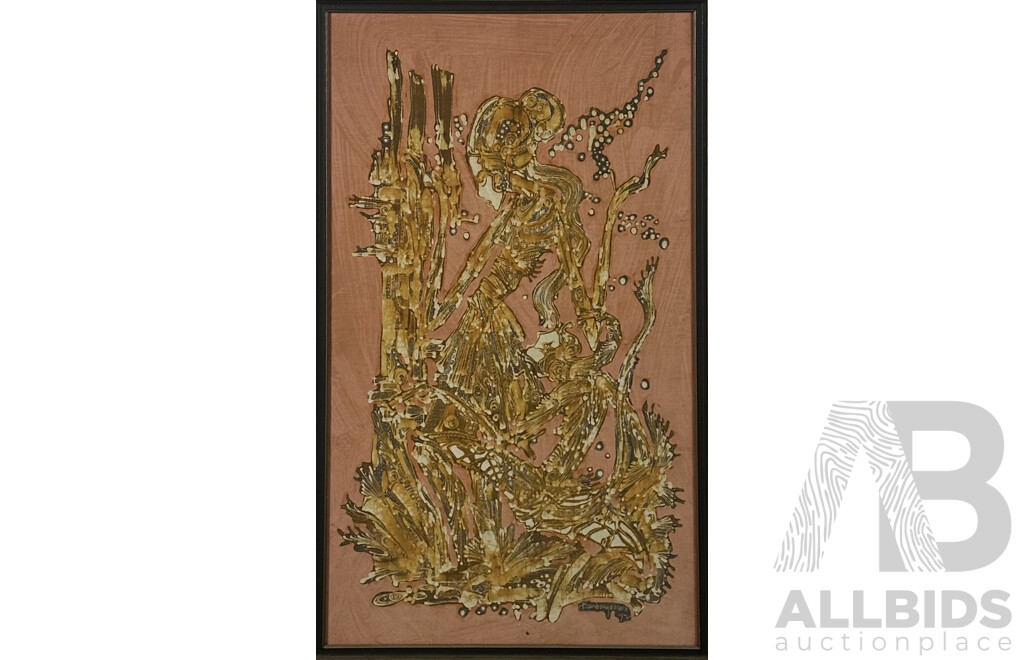 Bambang Oetoro, (20th Century, Indonesian, Working c70s), Abstract Dancing Girl, Vintage Batik on Cloth, 92 x 55.5 cm (frame)