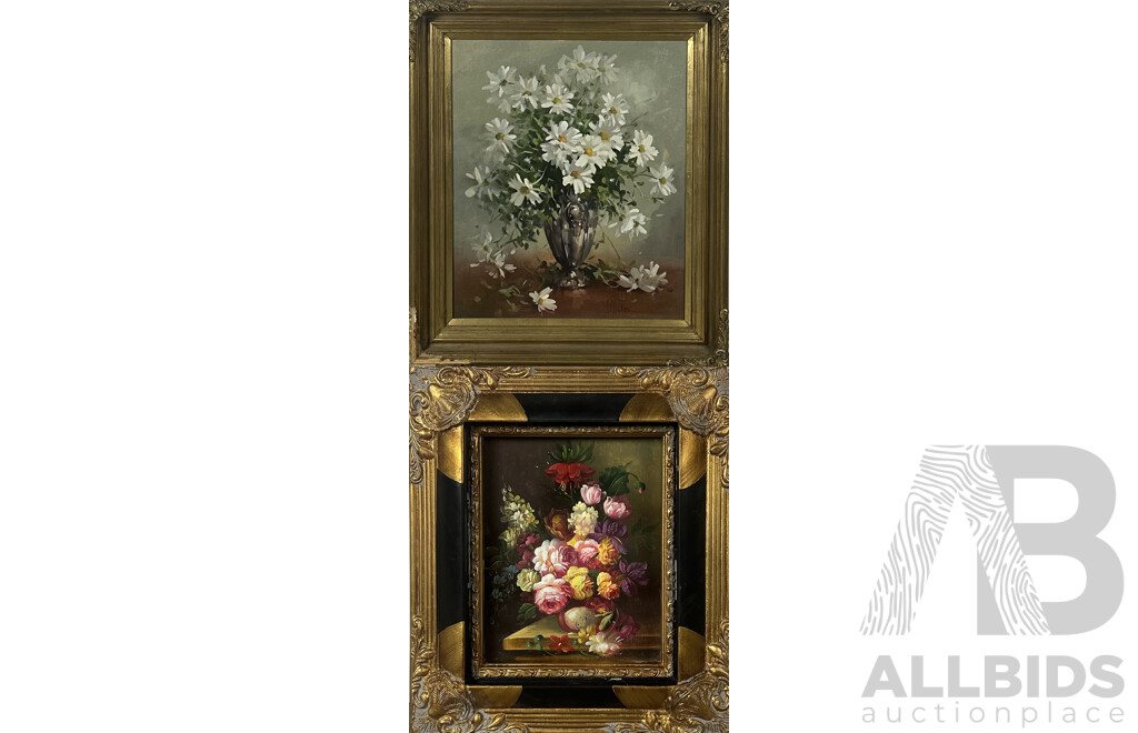 I Millor, Still Life Daisy Vase, Oil on Canvas Board, 59 X 49 Cm (image), Alongside, Artist Unknown, Still Life Colourful Vase of Flowers, Oil on Board, 39 X 34 Cm (frame) (2)