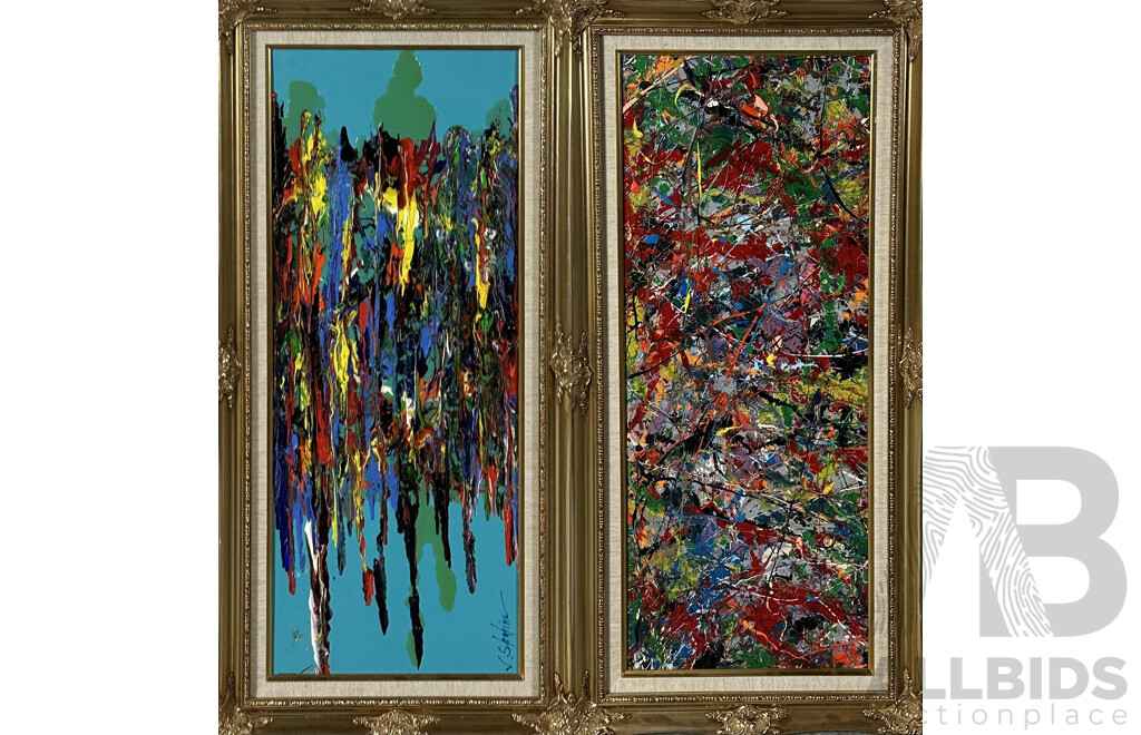 J. Shahine, Textured Colours, Layered Acrylic on Board, 88 X 43 Cm Alongside Unsigned, After Jackson Pollock, Layered Acrylic on Board, 88 X 43 Cm  (frames) (2)