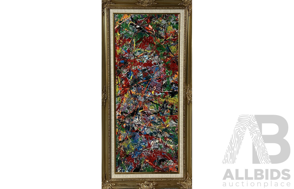 J. Shahine, Textured Colours, Layered Acrylic on Board, 88 X 43 Cm Alongside Unsigned, After Jackson Pollock, Layered Acrylic on Board, 88 X 43 Cm  (frames) (2)