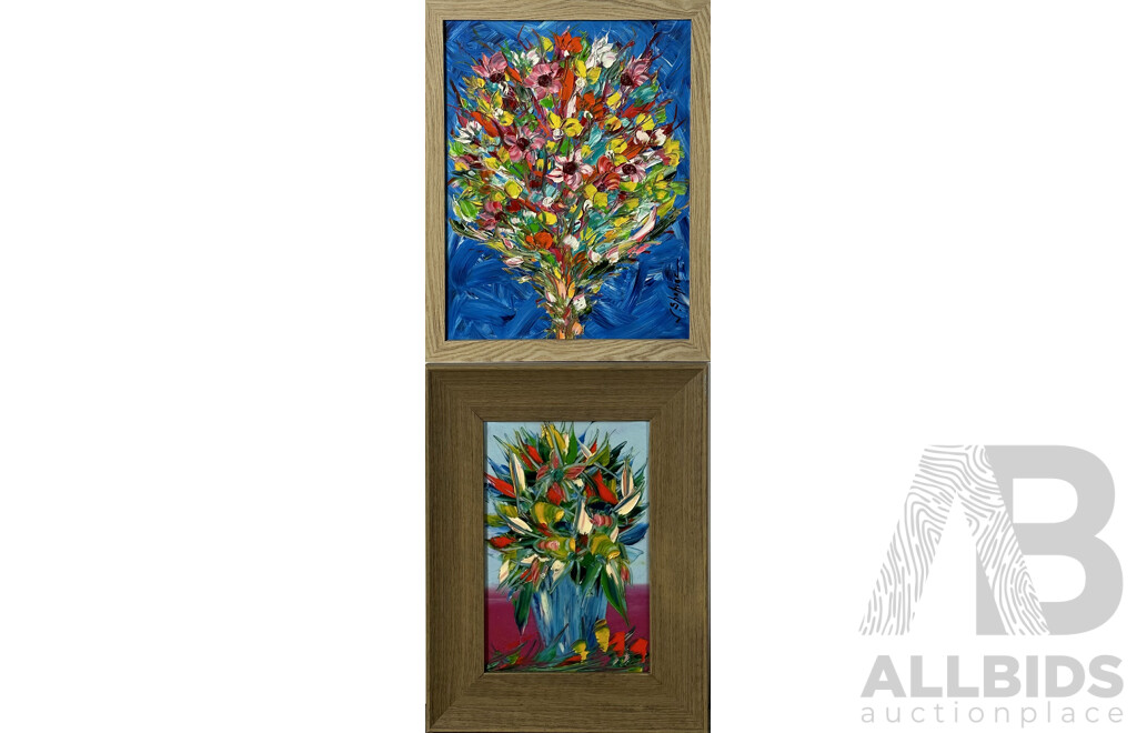 J. Shahine, Still Life Flowers, Textured Acrylic on Board and Acrylic on Board with Glaze 67 X 52 Cm and 42 X 32 Cm (frames) (2)