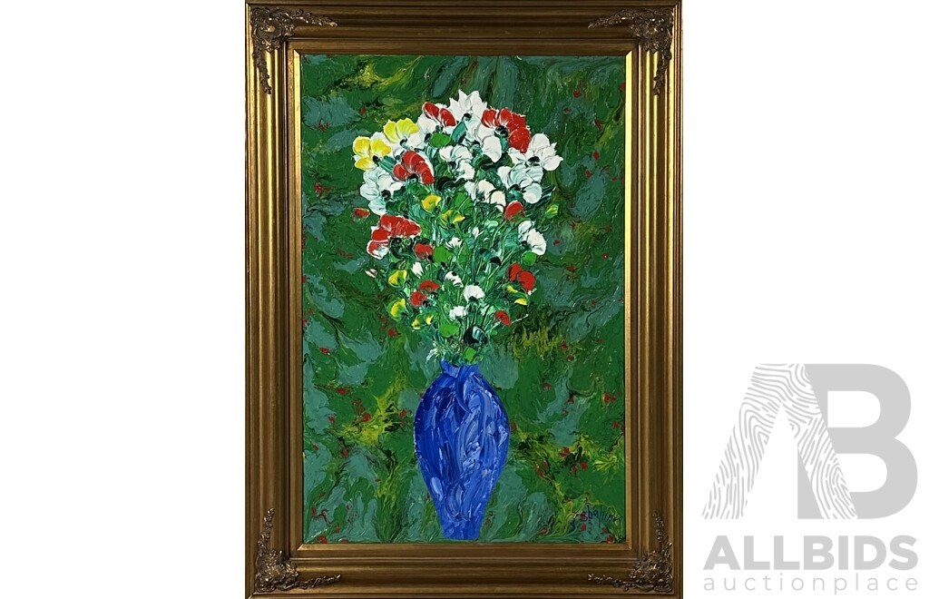 J. Shahine, Flowers in Blue Vase, Acrylic and Mixed Media on Board, 111 X  81 Cm (frame)