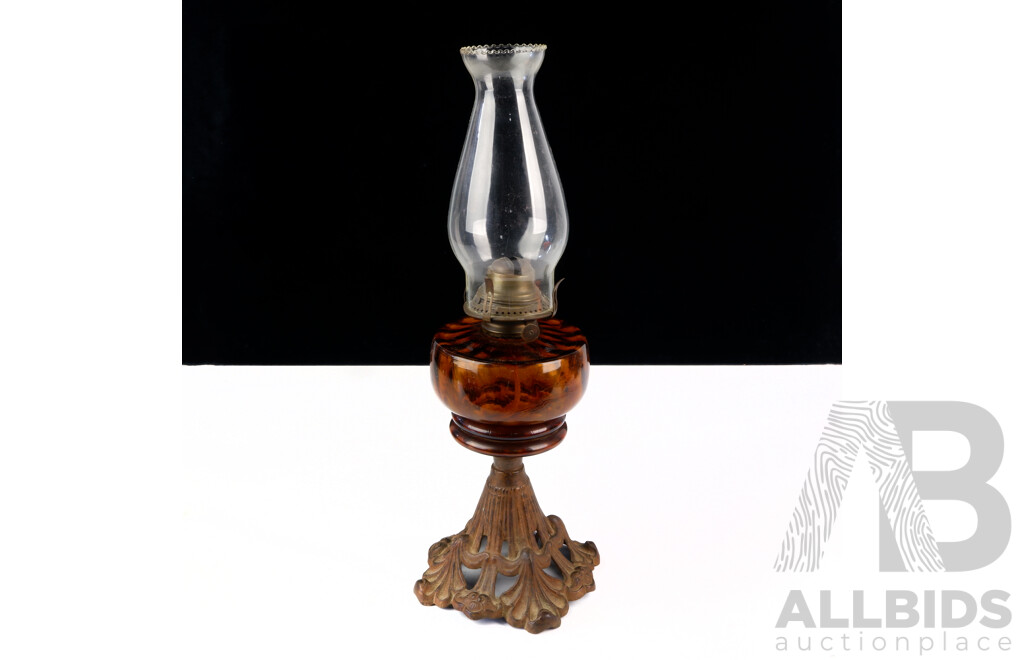 Antique USA Made Miller Victor Number 2 Oil Lamp with Ornate Cast Base, Amber Glass Font and Glass Flue