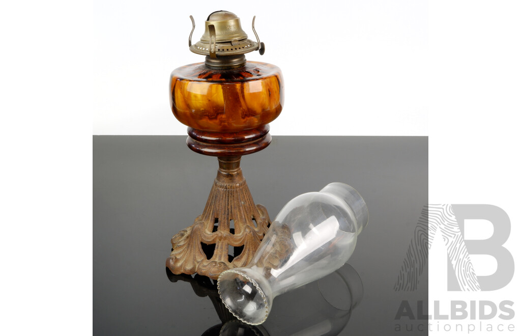 Antique USA Made Miller Victor Number 2 Oil Lamp with Ornate Cast Base, Amber Glass Font and Glass Flue