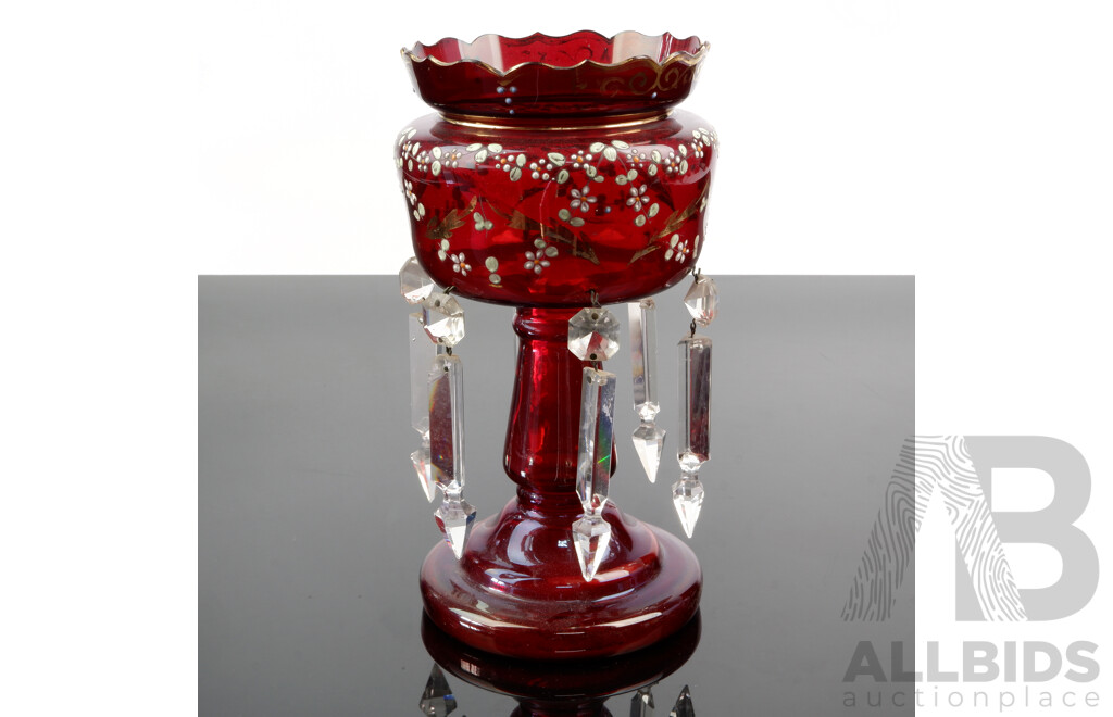 Antique Style Ruby Glass Luster with Six Two Piece Crystal Drops and Hand Painted Detail