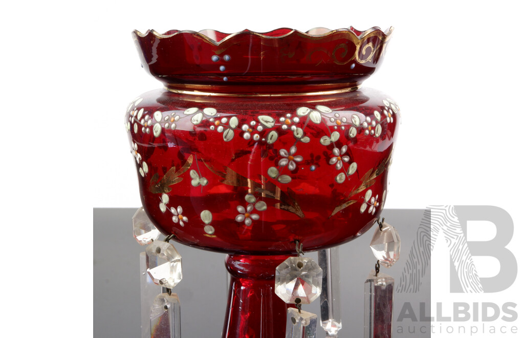 Antique Style Ruby Glass Luster with Six Two Piece Crystal Drops and Hand Painted Detail