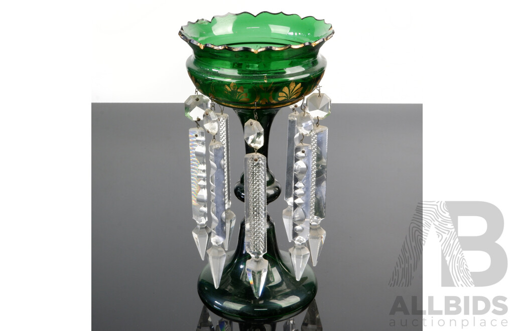 Antique Style Apple Green Glass Luster with Six Two Piece Crystal Drops and Hand Painted Detail