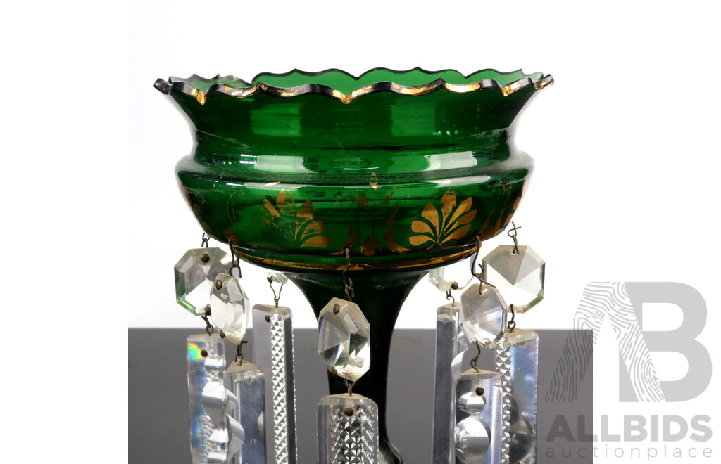 Antique Style Apple Green Glass Luster with Six Two Piece Crystal Drops and Hand Painted Detail