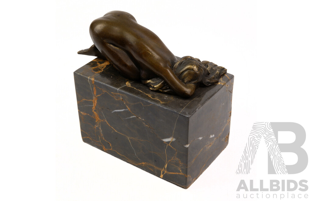 Bronze Sculpture of Kneeling Female Nude on Marble Plinth