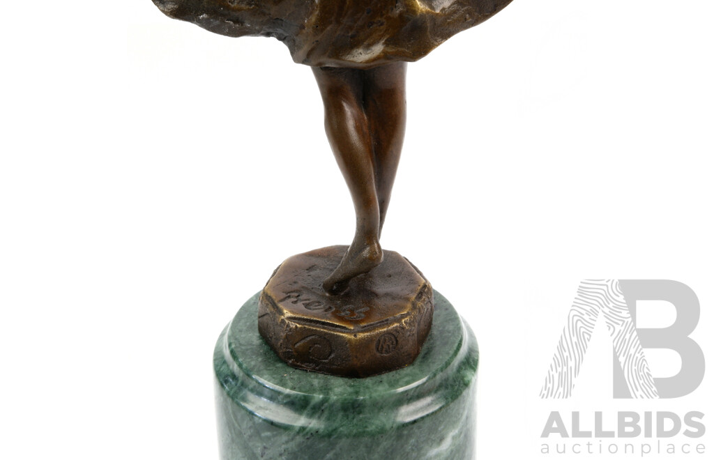 Bronze Sculpture of Curtsying Female Child on Green Marble Plinth