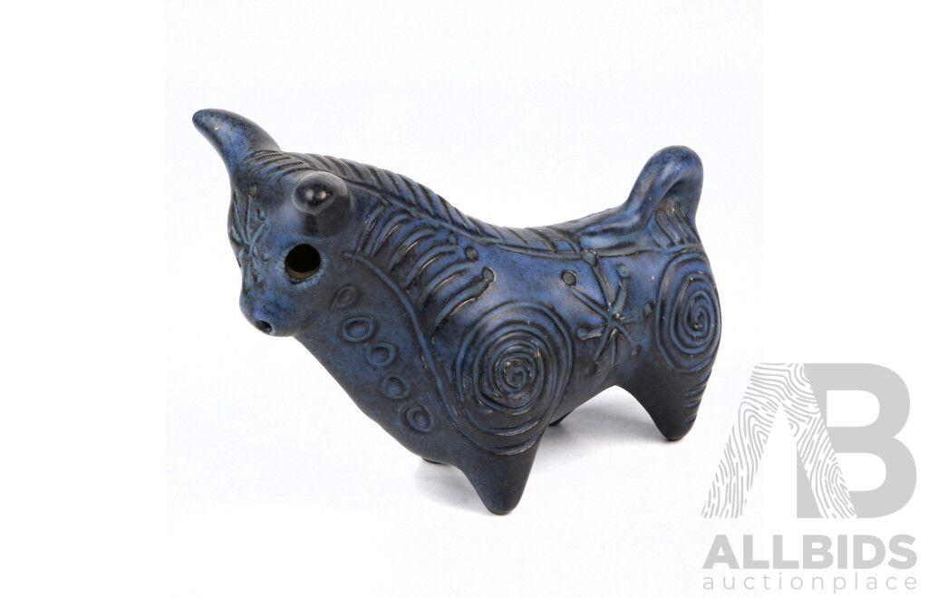 Australian Studio Pottery Glazed Bull Figure with Incised Decoration Gus Mclaren of MCL