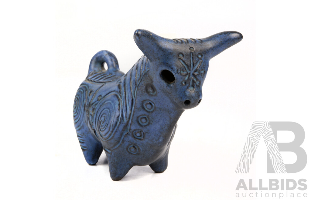 Australian Studio Pottery Glazed Bull Figure with Incised Decoration Gus Mclaren of MCL