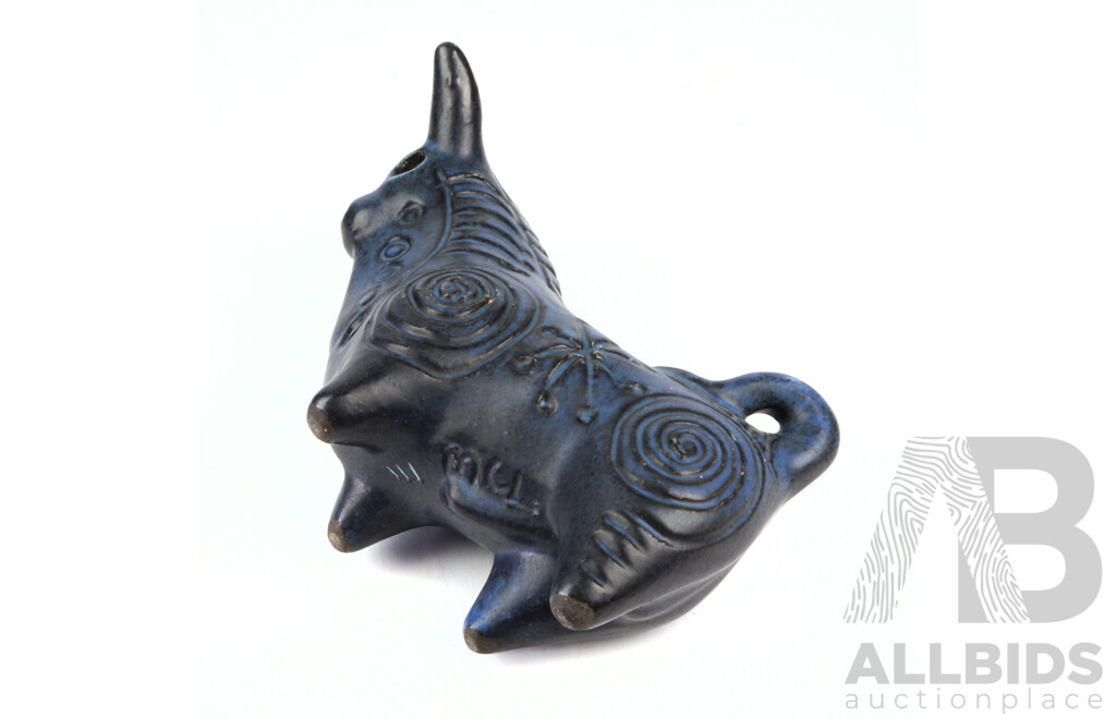 Australian Studio Pottery Glazed Bull Figure with Incised Decoration Gus Mclaren of MCL