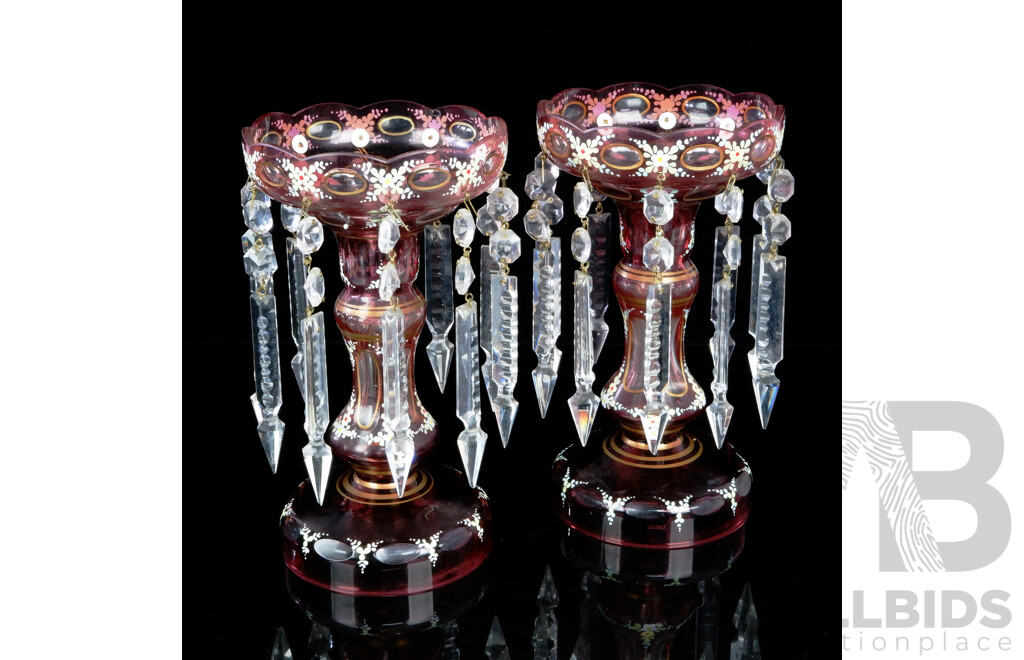 Pair Antique Style Cranberry Glass Mantle Lusters with Ten Three Part Crystal Drops and Hand Painted Decoration