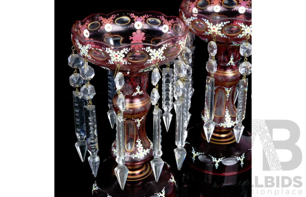 Pair Antique Style Cranberry Glass Mantle Lusters with Ten Three Part Crystal Drops and Hand Painted Decoration