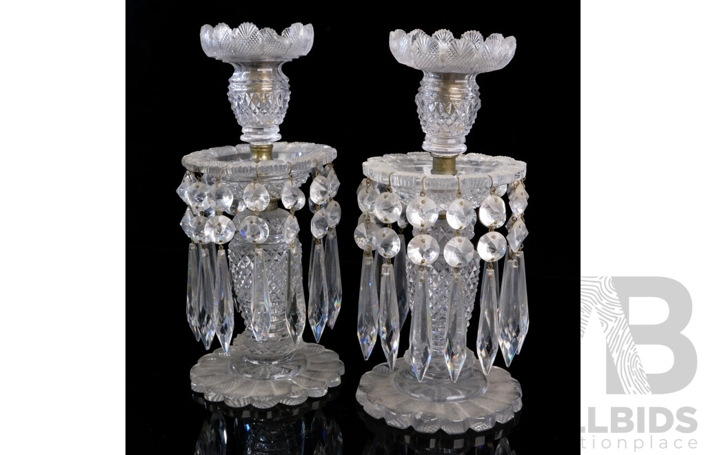 Pair Vintage Glass and Brass Luster Candle Holders with 14 Three Part Drops