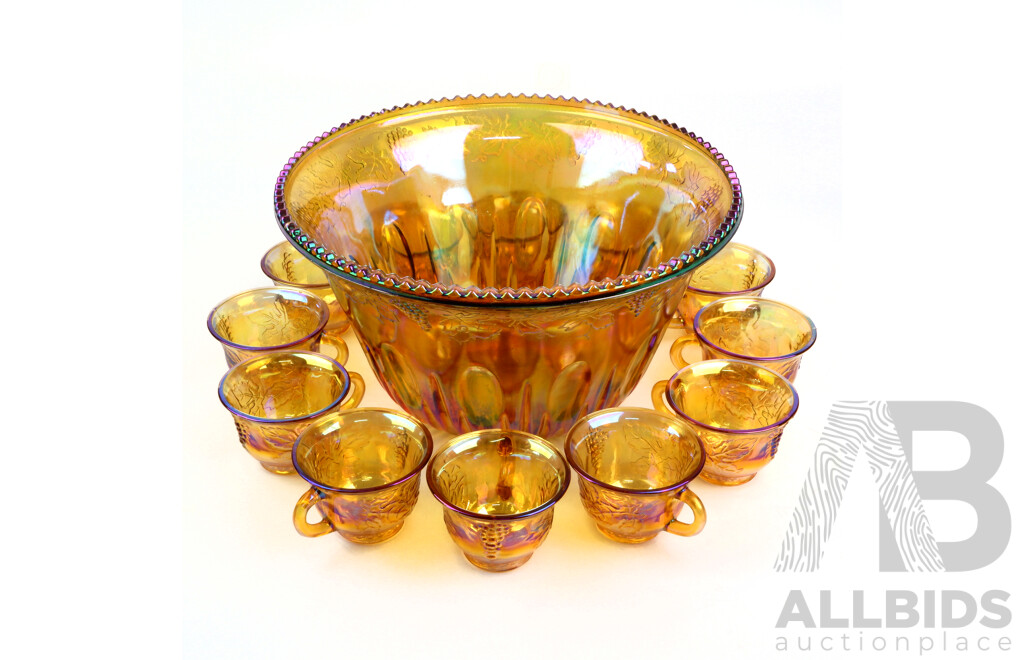 Vintage Carnival Glass Marigold Pearlescent Punch Bowl and 12 Glasses