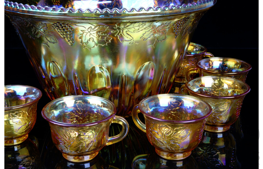 Vintage Carnival Glass Marigold Pearlescent Punch Bowl and 12 Glasses