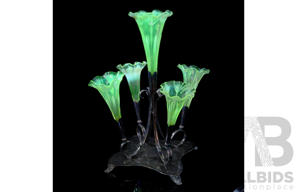 Vintage Silver Plated Five Uranium Glass Trumpet Epergne