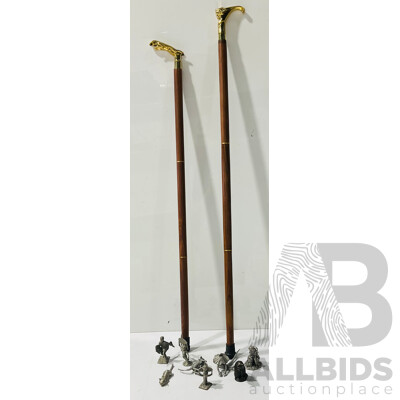 Pair of Wood and Metal Canes with Animal Form Handles and Collection of Small Metal Figures