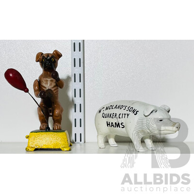 Reproduction Cast Iron Money Box and and Mechanical Boxing Dog