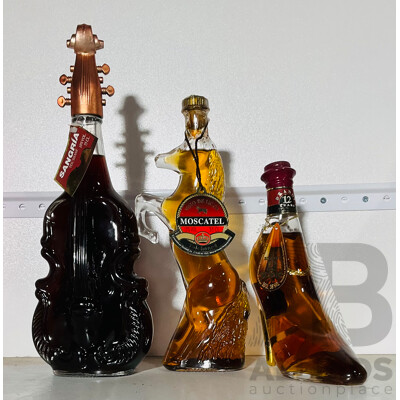 Collection of Three Interesting Shaped Bottles From Teichenne, Including Sangria, Moscatel and Brandy