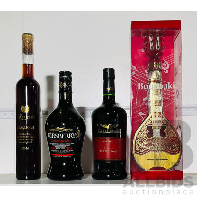 Collection of Four Bottles of Liquor From Various Brands Including Michelini Fragolino, Wolf Glass Tawny Port, Kirsberry Cherry Specialty and Bouzouki Shaped Bottle