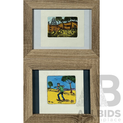 (Possibly) Attributed to Pro Hart (20th Century, Australian, 1928-2006), Abandoned Mine and The Trapper, Pair of Hand Coloured Line Etchings, 10 x 14 & 12 x 12 cms (images) (2)