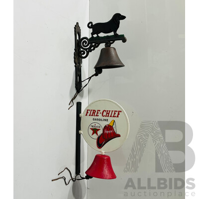 Pair of Cast Iron Reproduction Wall Mounted Bells Including Fire-chilli Gasoline Bell and Dog Themed Bell