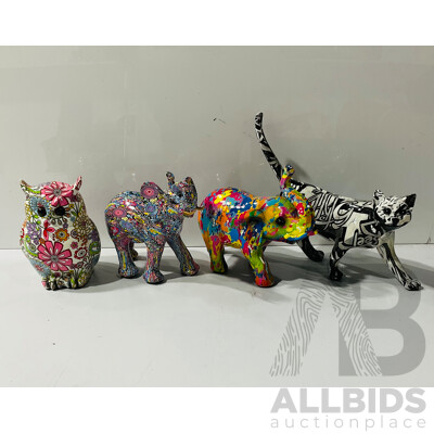 Collection of Composite Animal Statues with Interesting Patterns Including Including Monochrome Patterned Cat and Elephant Money Box