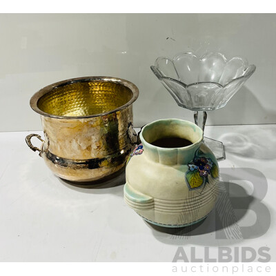 Collection of Decorative Items Including Ceramic Vase with Flower Design, Metal Dish and Raised Glass Serving Bowl