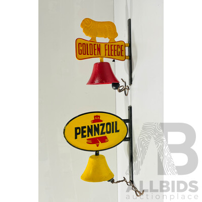 Pair of Cast Iron Reproduction Golden Fleece and Pennzoil Wall Mounted Bells