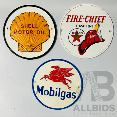 Collection of Three Cast Iron Reproduction Automobilia Wall Signs Including Shell, Fire-chief and Mobilgas