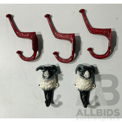 Collection of Five Cast Iron Coat Hooks Including Two Ram Form Hooks