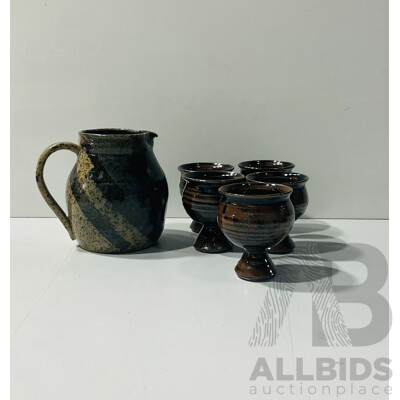 High-fired Studio Pottery Jug and Five Cups