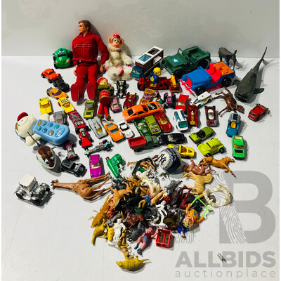 Large Collection of Vintage Toys Including Matchbox Cars, Plastic Animals and More