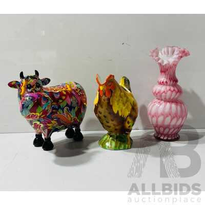 Collection of Interesting Homeware Including Novelty Money Box, Painted Ceramic Jug and Art Glass Vase