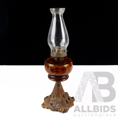 Antique USA Made Miller Victor Number 2 Oil Lamp with Ornate Cast Base, Amber Glass Font and Glass Flue