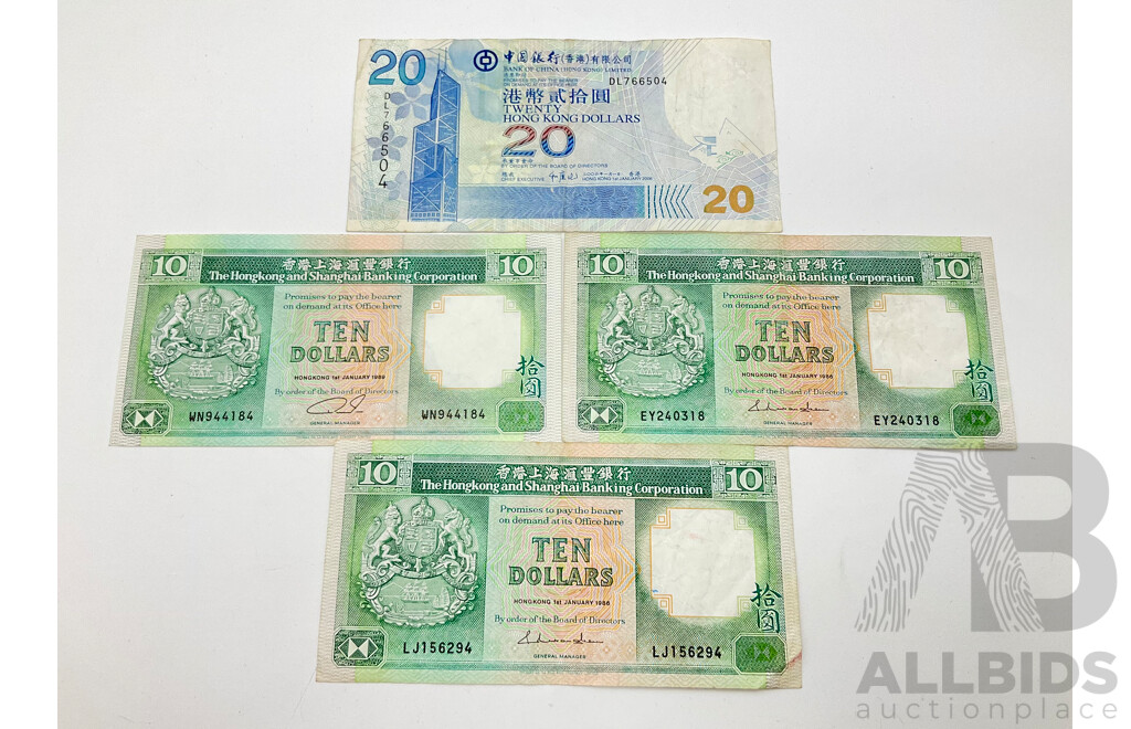 1986 Three Hong Kong $10 Notes, One 2006 $20 Note.