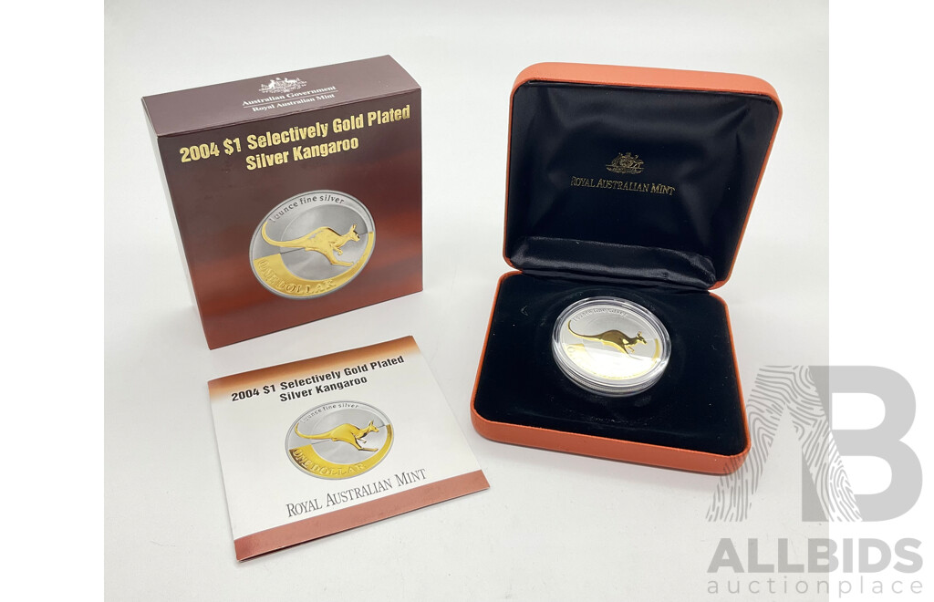 2004 RAM $1 Selectively GOLD Plated fine silver 1oz Coin.